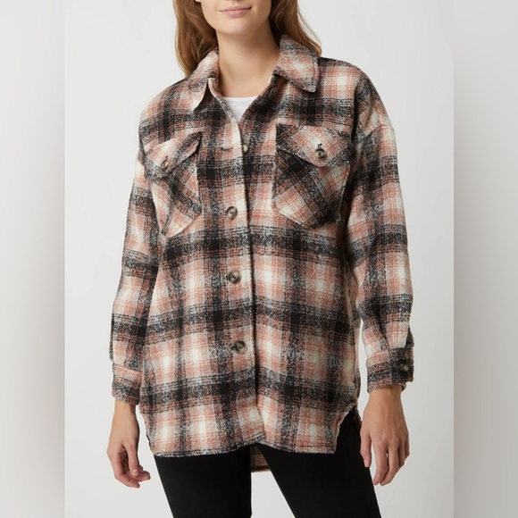 Vero Moda Women’s Pink Black Plaid Oversized fall layering Shacket Jacket Size L - Picture 2 of 9